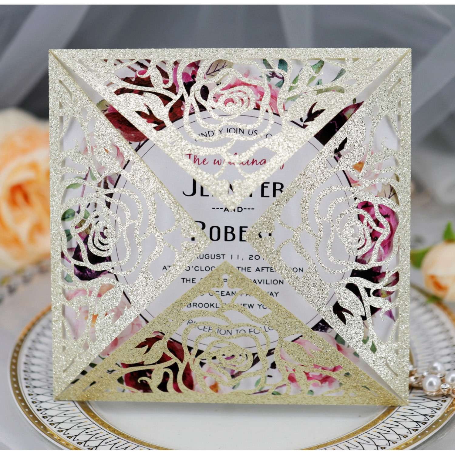 Valentine's Day Greeting Card Rose Card Laser Cut Glitter Paper Wedding Card Personalized Custom